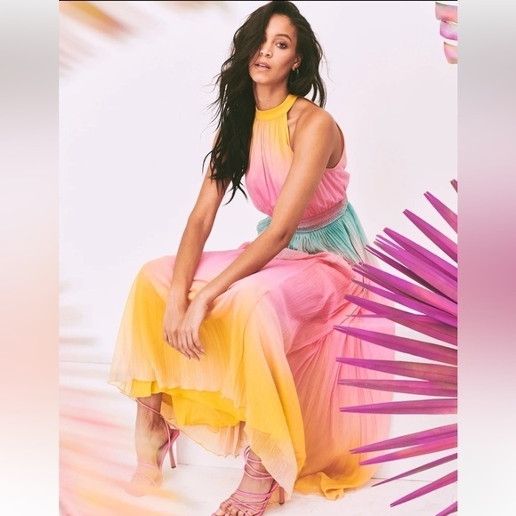 Rococo Sand Maxi dress women M Zale Halter Pink Multicolor Vacation Tropical - Picture 4 of 13